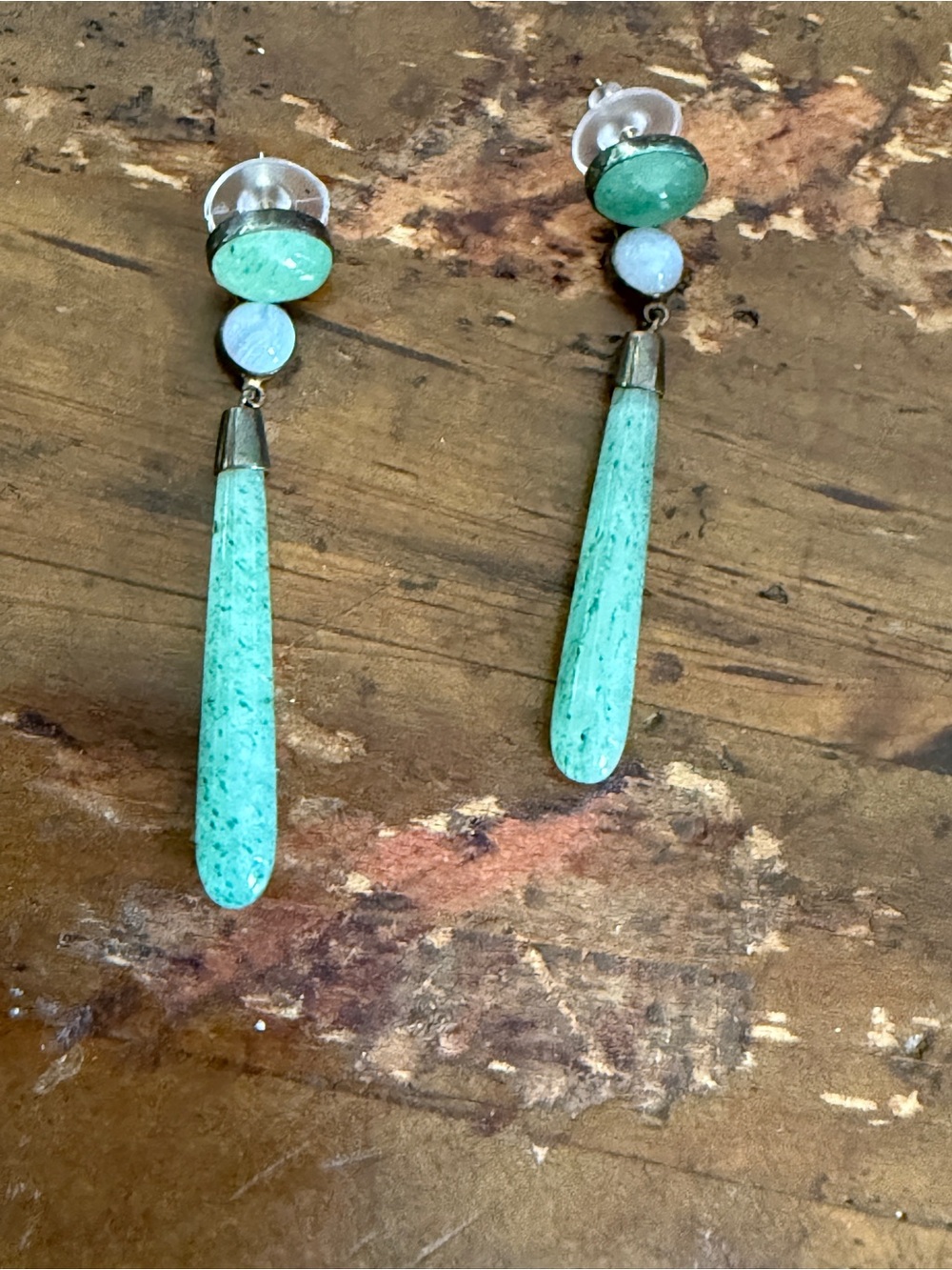Beautiful Vintage Green Jade  and  Brass Tear drop Pierced back Earrings